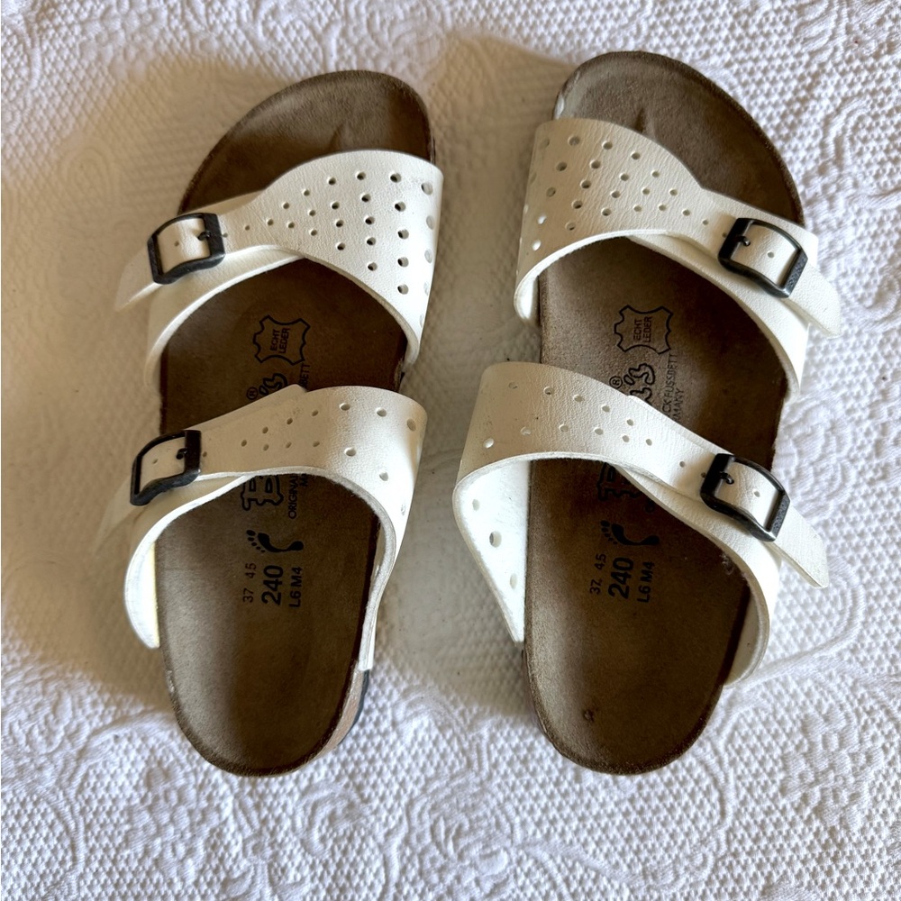 Birkenstocks Birki's Fussett White Slide Sandal Perforated Leather Womens US 6